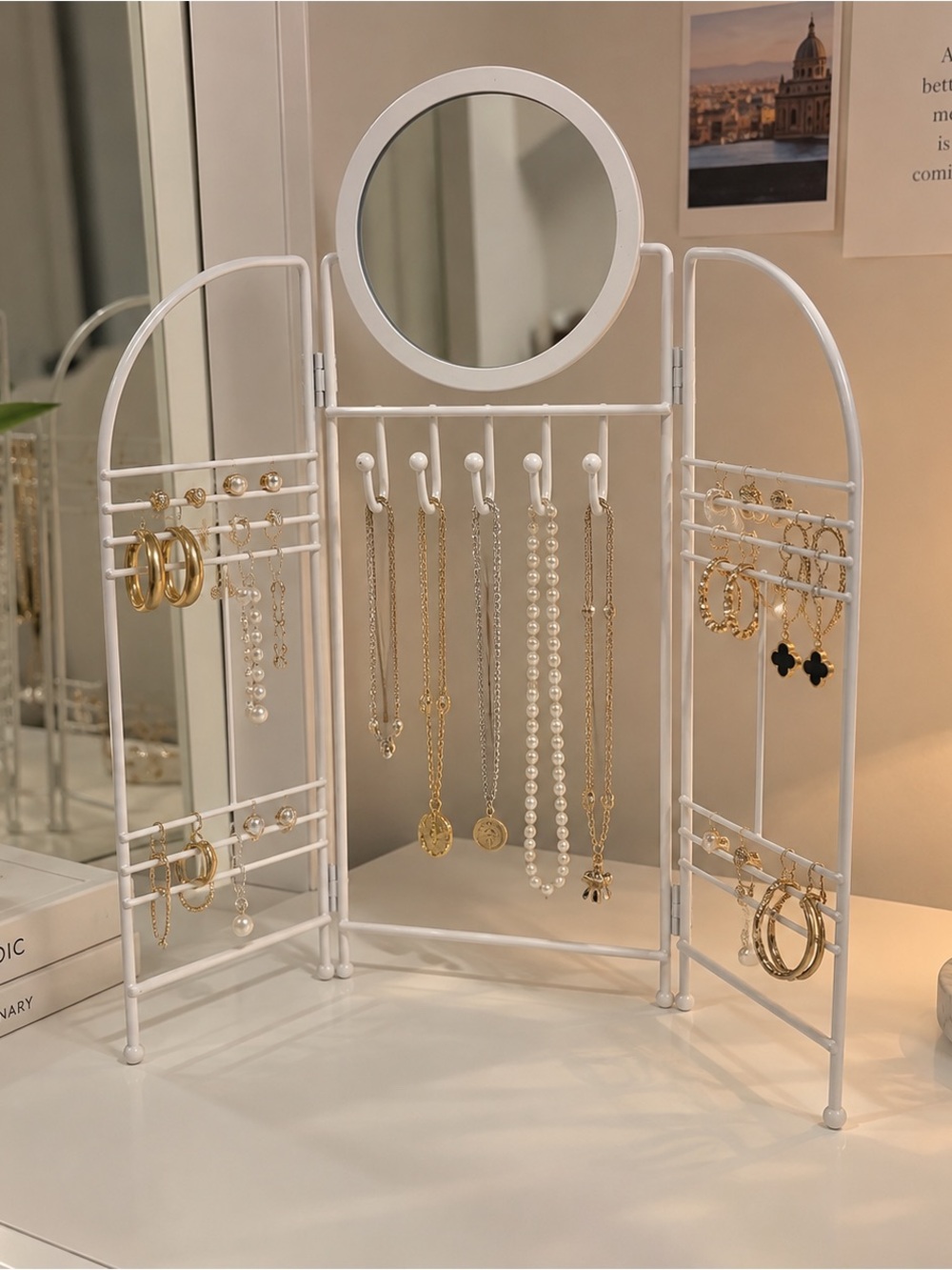 White Tri-Fold Jewelry Organizer with Mirror and Hooks